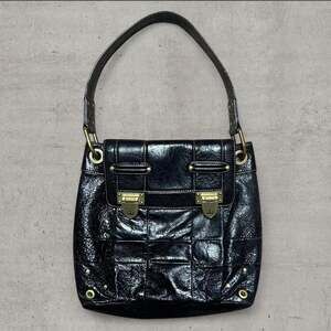 Vintage Juicy Couture Black Patent Leather Hobo Bag with Crown Latch Hardware